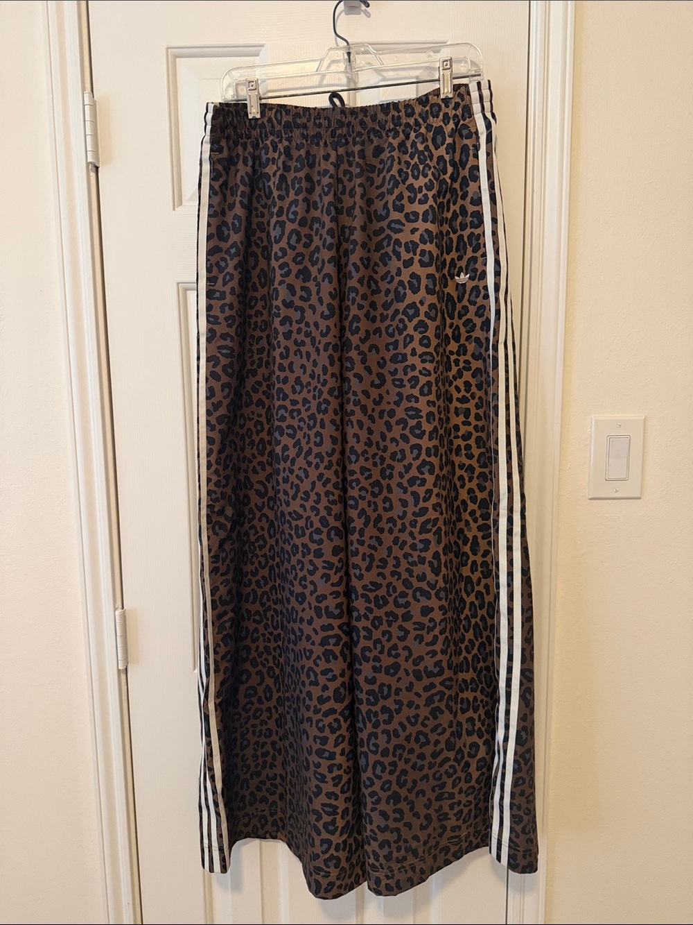 adidas Brown and Black Leopard Print Track Pants with White Side Stripes